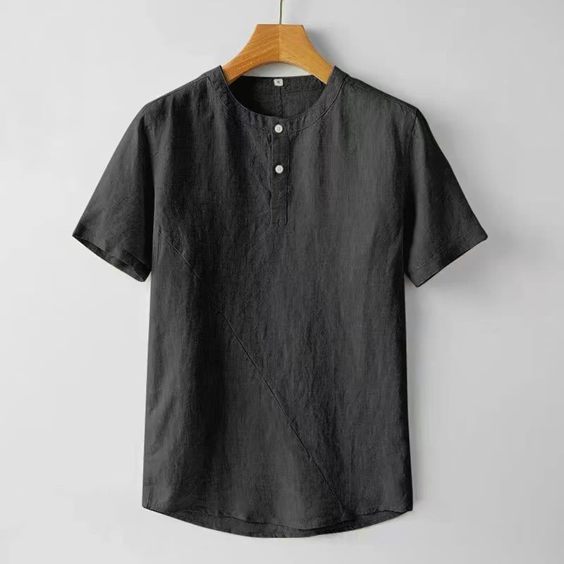 Buddha Stones 夏用 メンズ 半袖 シャツ 無地 コットンリネン素材 ボタン付き - 黒 - US/UK/AU48、 EU58 (4XL) - image 6