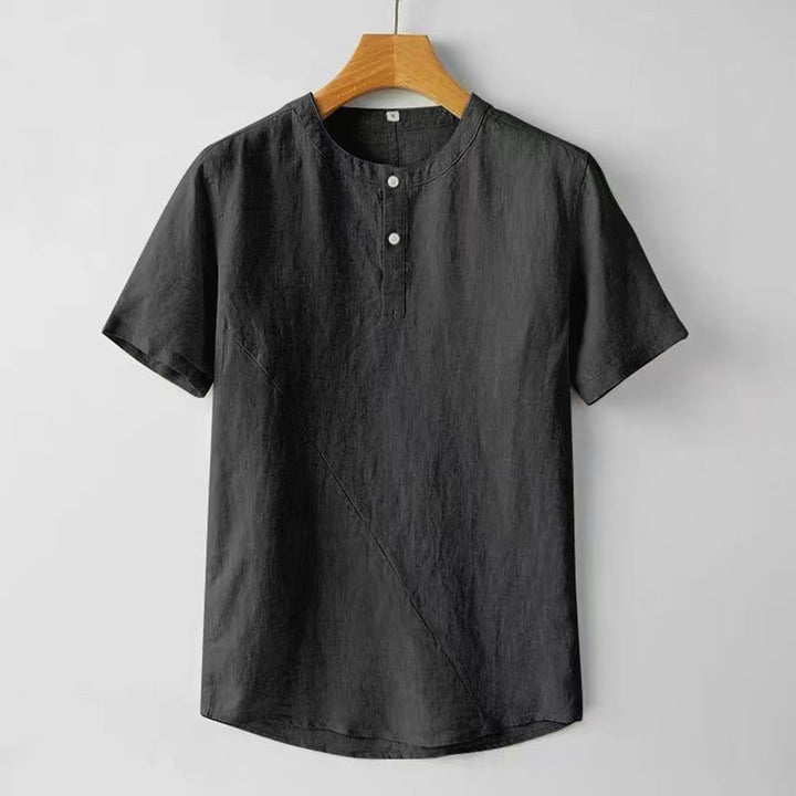 Buddha Stones 夏用 メンズ 半袖 シャツ 無地 コットンリネン素材 ボタン付き - 黒 - US/UK/AU48、 EU58 (4XL) - image 6
