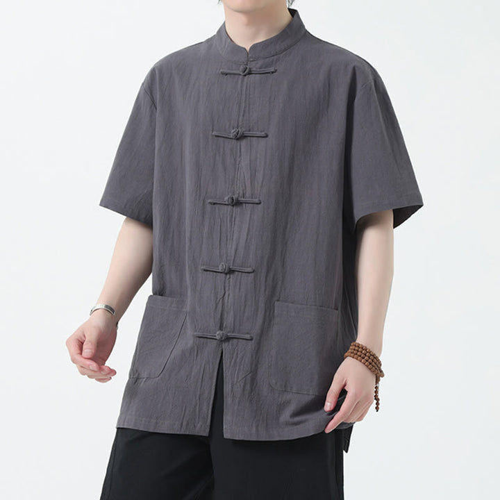 Buddha Stonesカエルボタン 中国唐装 半袖シャツ リネン メンズ ポケット付き - グレー - US/UK/AU46、 EU56 (5XL) - image 13