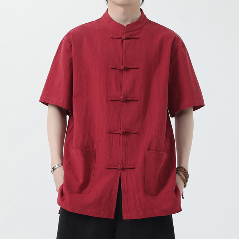 Buddha Stonesカエルボタン 中国唐装 半袖シャツ リネン メンズ ポケット付き - 赤 - US/UK/AU46、 EU56 (5XL) - image 1