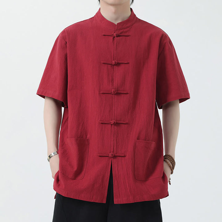 Buddha Stonesカエルボタン 中国唐装 半袖シャツ リネン メンズ ポケット付き - 赤 - US/UK/AU46、 EU56 (5XL) - image 1