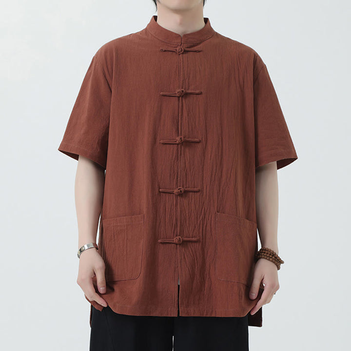 Buddha Stonesカエルボタン 中国唐装 半袖シャツ リネン メンズ ポケット付き - ペルー - US/UK/AU46、 EU56 (5XL) - image 10