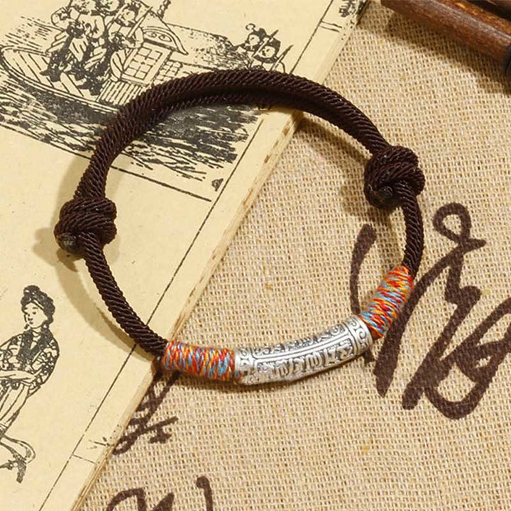 Buddha Stonesハンドメイド999スターリングシルバーオーム・マニ・パドメ・フムプロテクションロープブレスレット