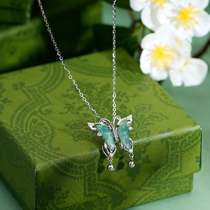 Buddha Stones925スターリングシルバー グリーンジェイド バタフライ 幸運ネックレス ペンダント - 翡翠（豊かさ♥豊穣） - image 0