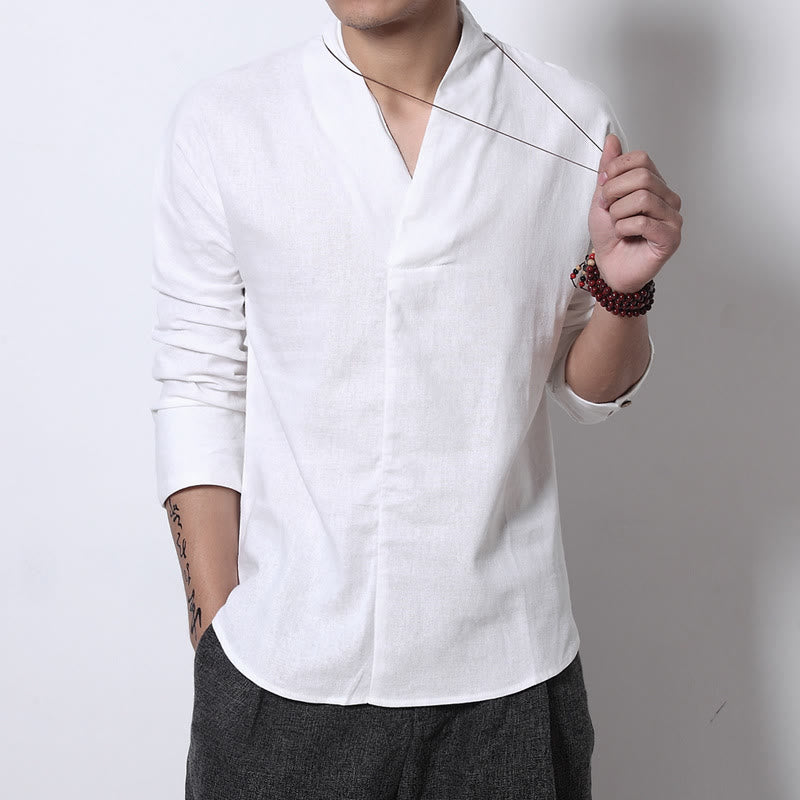 Buddha StonesカジュアルVネック長袖シャツ メンズ服 - 白 - US/UK/AU44、EU54（5XL） - image 2