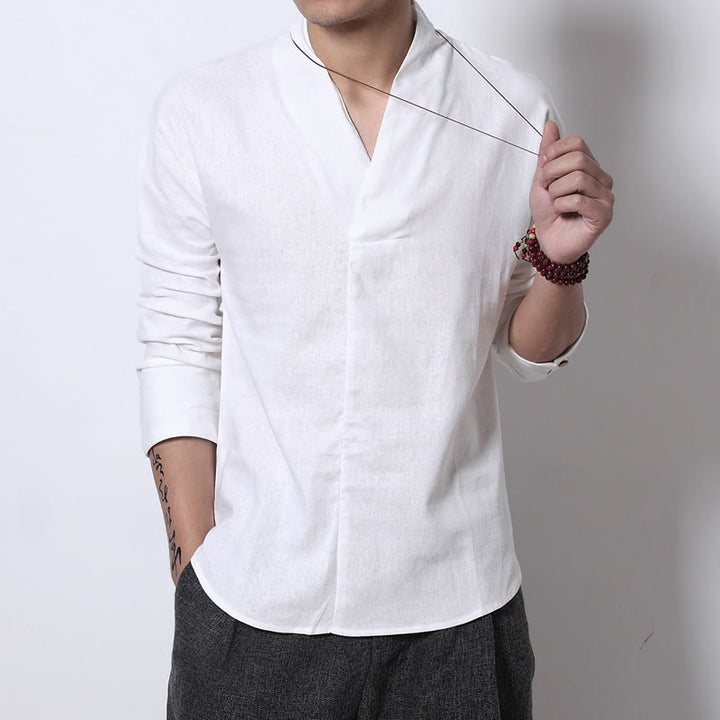 Buddha StonesカジュアルVネック長袖シャツ メンズ服 - 白 - US/UK/AU44、EU54（5XL） - image 2