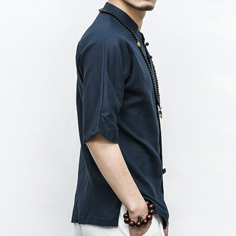 Buddha Stones中国風 カエルボタン 唐装 禅 半袖シャツ リネン メンズ 服 - image 3