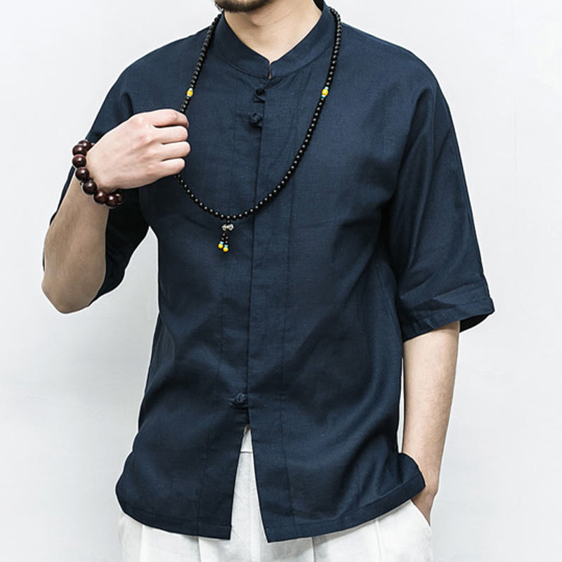 Buddha Stones中国風 カエルボタン 唐装 禅 半袖シャツ リネン メンズ 服 - image 1