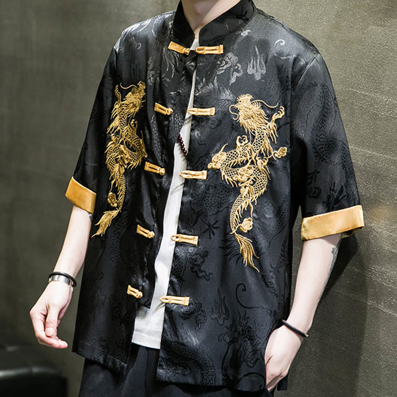 Buddha Stonesカエルボタン 中国龍刺繍 半袖シャツ リネン メンズ 服 - image 3