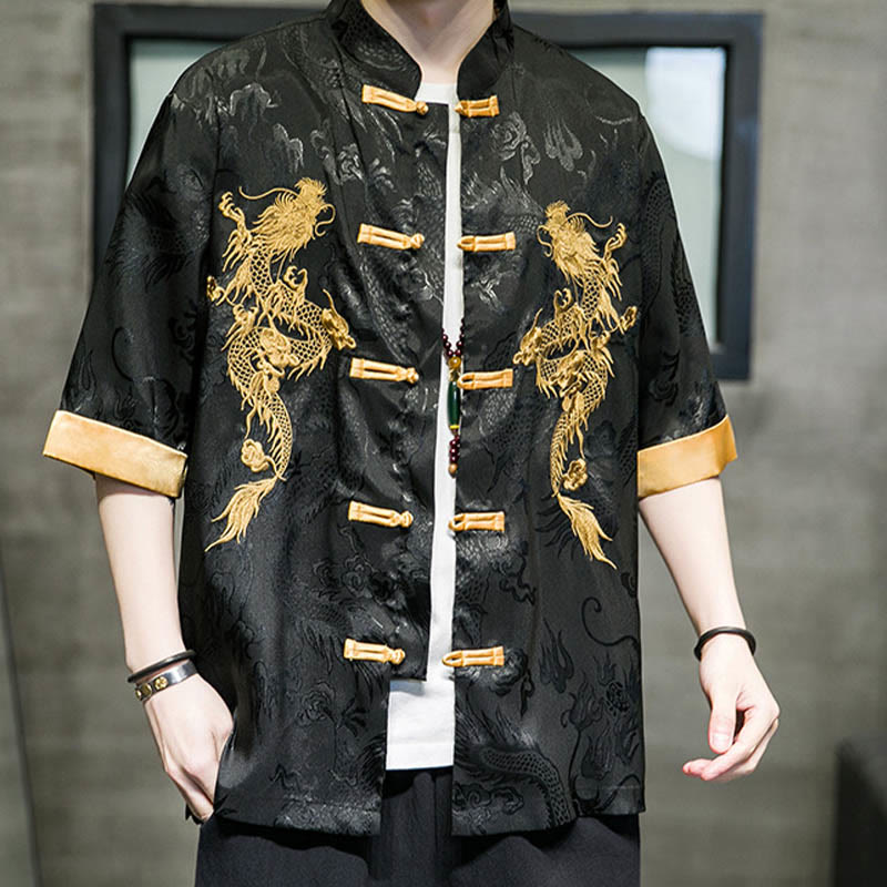 Buddha Stonesカエルボタン 中国龍刺繍 半袖シャツ リネン メンズ 服 - image 8
