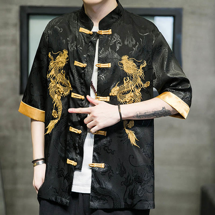 Buddha Stonesカエルボタン 中国龍刺繍 半袖シャツ リネン メンズ 服 - image 6