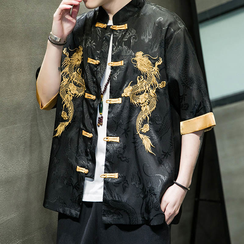 Buddha Stonesカエルボタン 中国龍刺繍 半袖シャツ リネン メンズ 服 - image 9