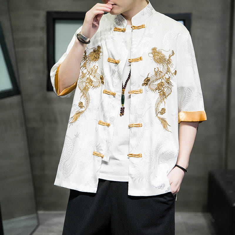 Buddha Stonesカエルボタン 中国龍刺繍 半袖シャツ リネン メンズ 服 - 白 - US/UK/AU48、 EU58(5XL)  - image 11