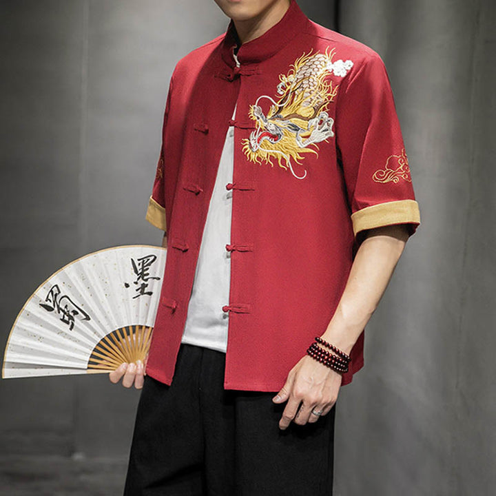 Buddha Stonesカエルボタン 中国龍 吉兆 雲 刺繍 半袖シャツ コットンリネン メンズ 服 - トマト - US/UK/AU44、EU54 (5XL)  - image 12