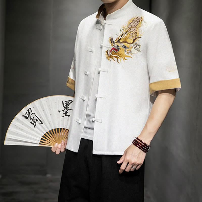 Buddha Stonesカエルボタン 中国龍 吉兆 雲 刺繍 半袖シャツ コットンリネン メンズ 服 - 白 - US/UK/AU44、EU54（5XL）  - image 20