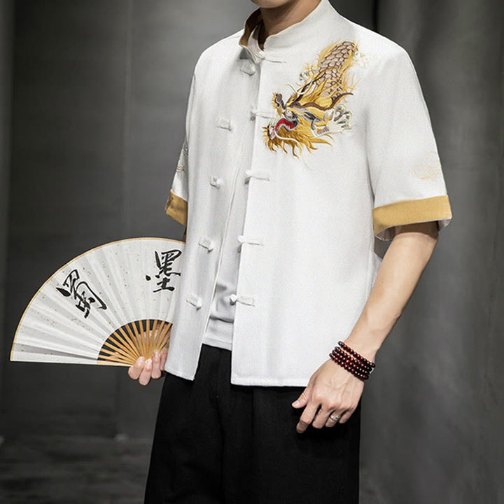 Buddha Stonesカエルボタン 中国龍 吉兆 雲 刺繍 半袖シャツ コットンリネン メンズ 服 - 白 - US/UK/AU44、EU54（5XL）  - image 20