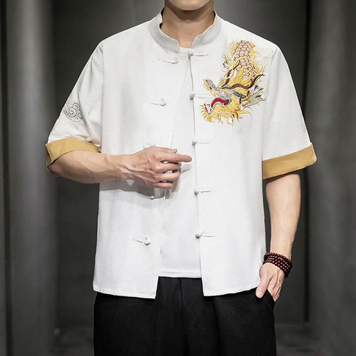 Buddha Stonesカエルボタン 中国龍 吉兆 雲 刺繍 半袖シャツ コットンリネン メンズ 服 - image 23