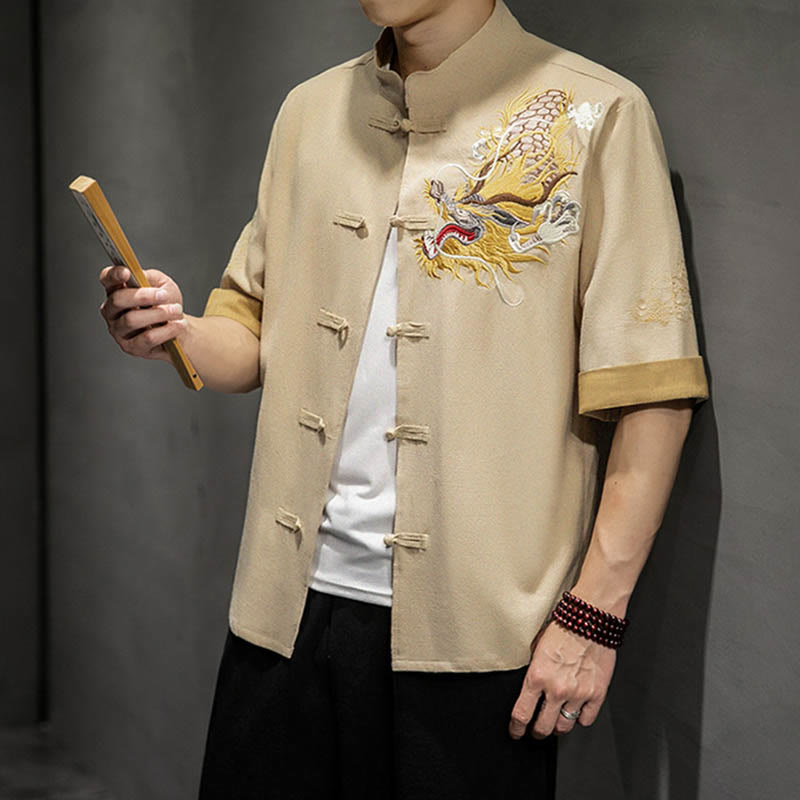 Buddha Stonesカエルボタン 中国龍 吉兆 雲 刺繍 半袖シャツ コットンリネン メンズ 服 - image 32