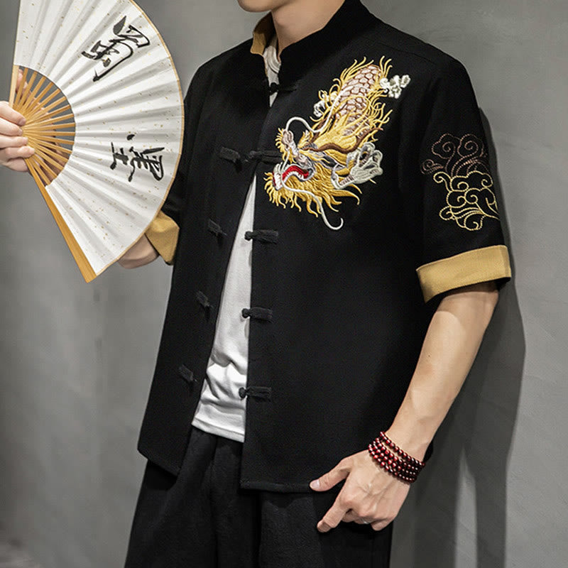 Buddha Stonesカエルボタン 中国龍 吉兆 雲 刺繍 半袖シャツ コットンリネン メンズ 服 - image 1