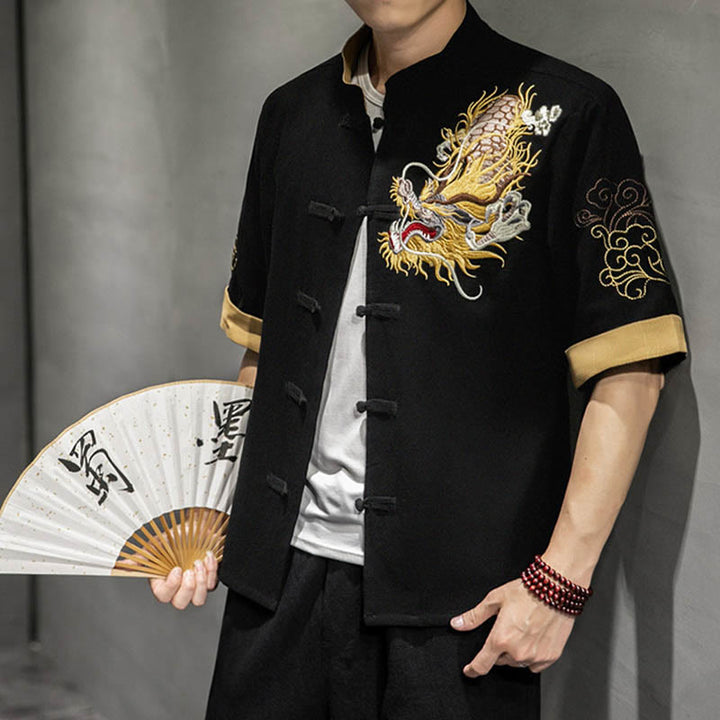 Buddha Stonesカエルボタン 中国龍 吉兆 雲 刺繍 半袖シャツ コットンリネン メンズ 服 - 黒 - US/UK/AU44、EU54（5XL）  - image 0