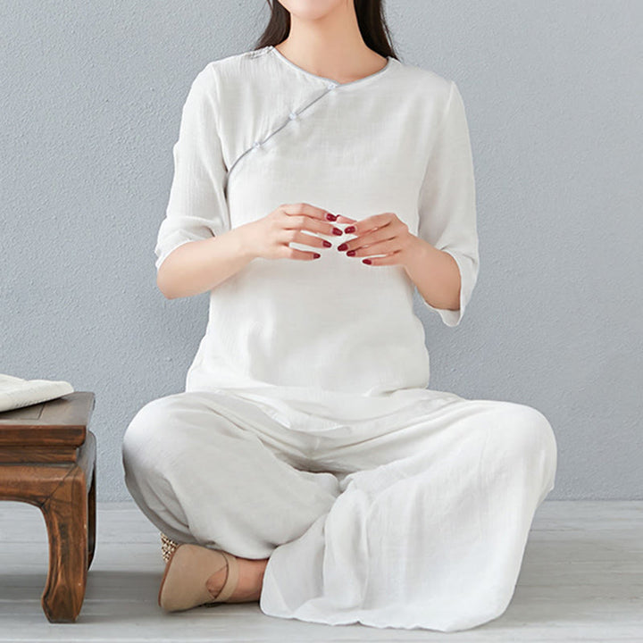 Buddha Stones 2点セット 七分袖 長袖シャツ ワイドレッグパンツ 瞑想用 コットンリネン 衣類 レディース セット - 白 - 七分袖 - US8-10、 UK/AU12-14、EU40-42 (3XL) - image 7