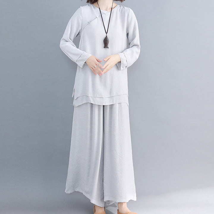 Buddha Stones 2点セット 七分袖 長袖シャツ ワイドレッグパンツ 瞑想用 コットンリネン 衣類 レディース セット - ゲインズボロ - 長袖 - US8-10、 UK/AU12-14、EU40-42 (3XL) - image 25