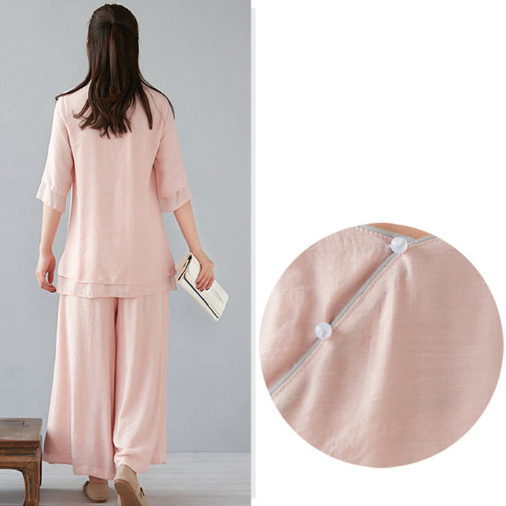 Buddha Stones 2点セット 七分袖 長袖シャツ ワイドレッグパンツ 瞑想用 コットンリネン 衣類 レディース セット - image 24