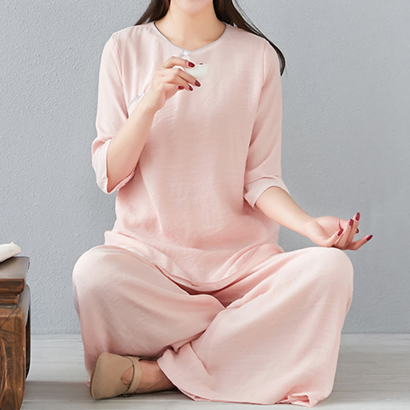 Buddha Stones 2点セット 七分袖 長袖シャツ ワイドレッグパンツ 瞑想用 コットンリネン 衣類 レディース セット - image 19
