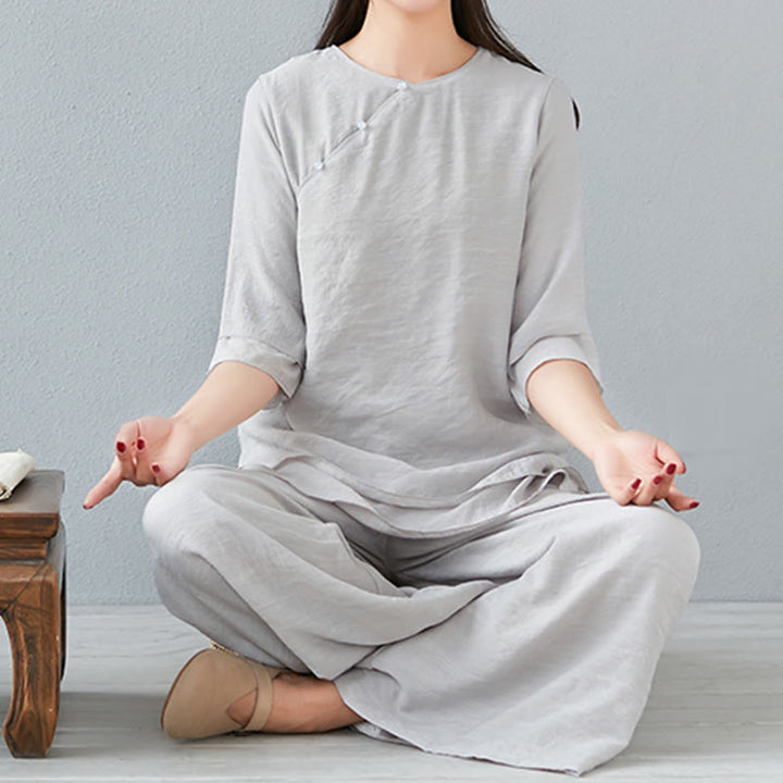 Buddha Stones 2点セット 七分袖 長袖シャツ ワイドレッグパンツ 瞑想用 コットンリネン 衣類 レディース セット - image 27