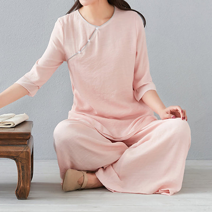 Buddha Stones 2点セット 七分袖 長袖シャツ ワイドレッグパンツ 瞑想用 コットンリネン 衣類 レディース セット - image 18