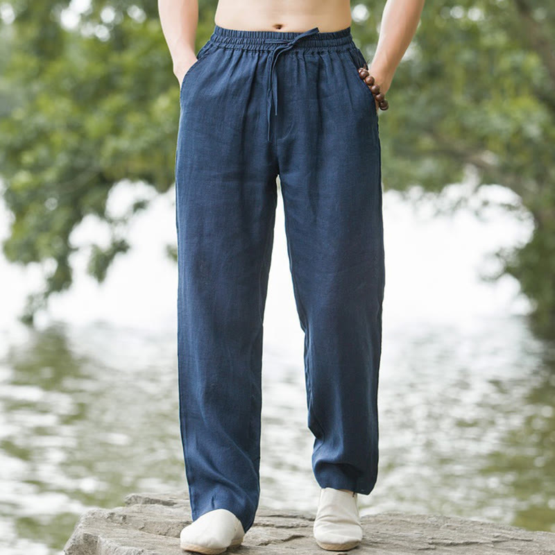 Buddha Stones メンズ コットンリネン 無地 ワイドパンツ ゆったり ポケット付き - スチールブルー - US/UK/AU50、EU60（5XL） - image 5