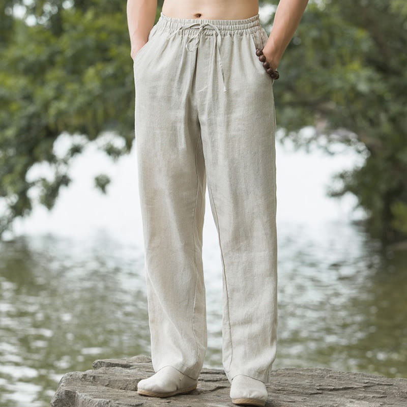 Buddha Stones メンズ コットンリネン 無地 ワイドパンツ ゆったり ポケット付き - リネン - US/UK/AU50、EU60（5XL） - image 0
