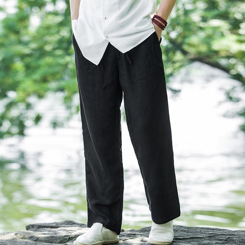 Buddha Stones メンズ コットンリネン 無地 ワイドパンツ ゆったり ポケット付き - 黒 - US/UK/AU50、EU60（5XL） - image 4