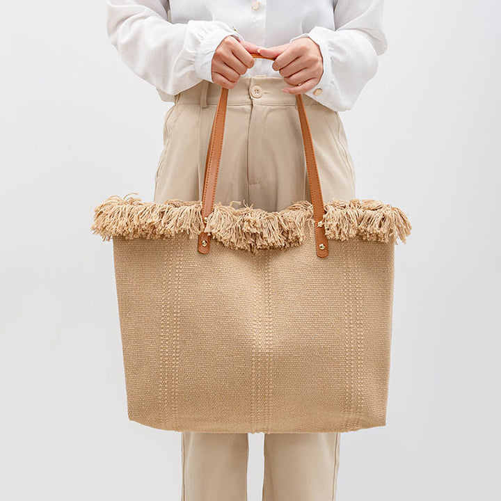 Buddha Stones大容量 無地 タッセル キャンバス トート ショルダーバッグ