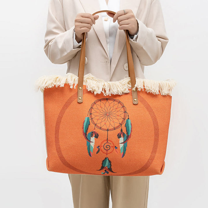 Buddha Stones大容量 ドリームキャッチャー マンダラ タッセル キャンバス トート ショルダーバッグ