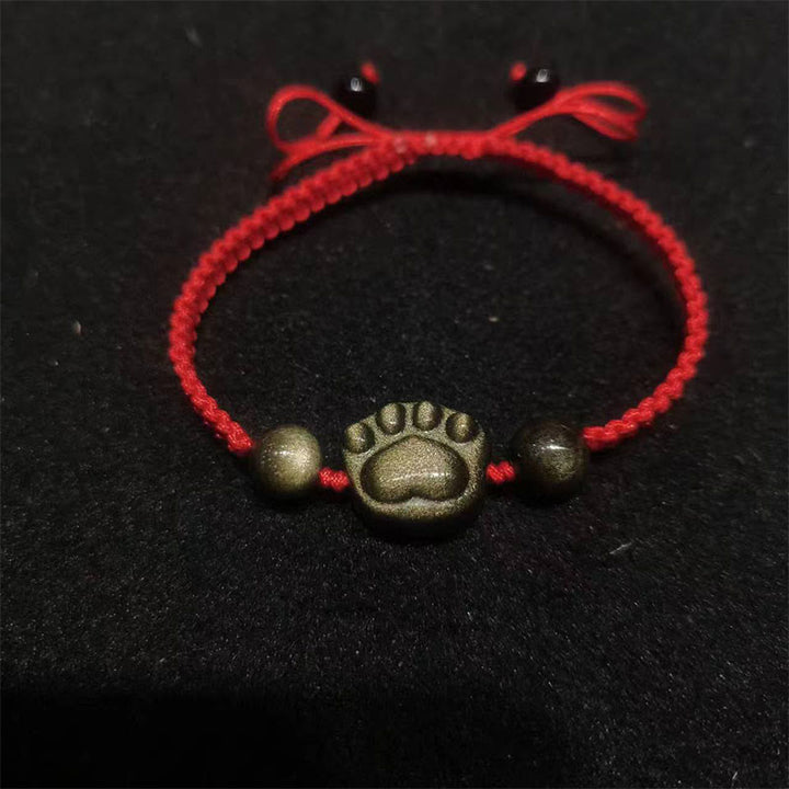 Buddha Stones天然銀光沢黒曜石 金光沢黒曜石 猫の爪 癒しの編み込みブレスレット - ゴールドシーンオブシディアン（手首周り：15～17cm） - 猫の爪の赤紐 - image 5