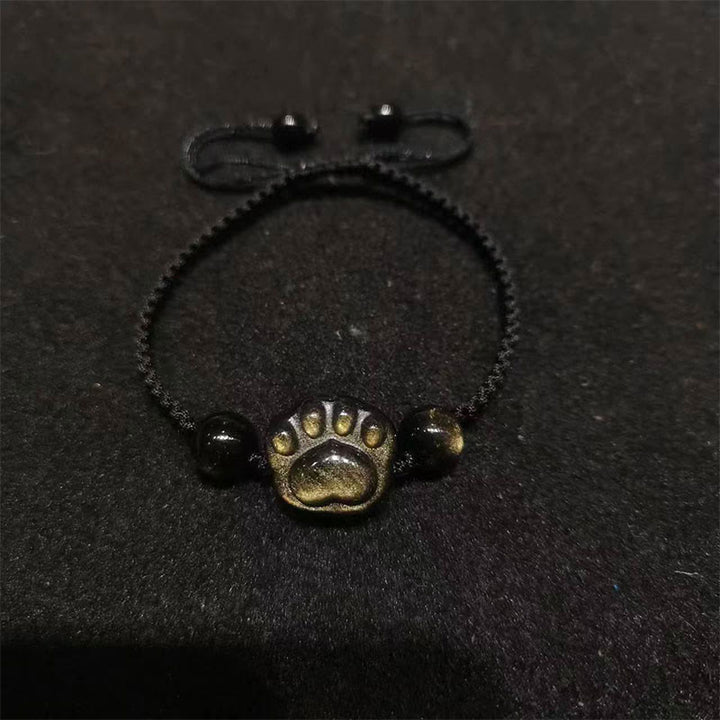 Buddha Stones天然銀光沢黒曜石 金光沢黒曜石 猫の爪 癒しの編み込みブレスレット - ゴールドシーンオブシディアン（手首周り：15～17cm） - 猫の爪の黒い紐 - image 6