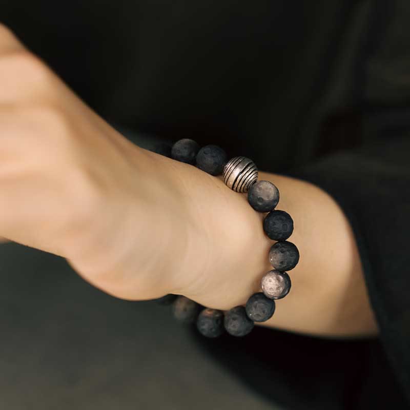 Buddha Stones天然銀光沢黒曜石 月隕石 守護ブレスレット