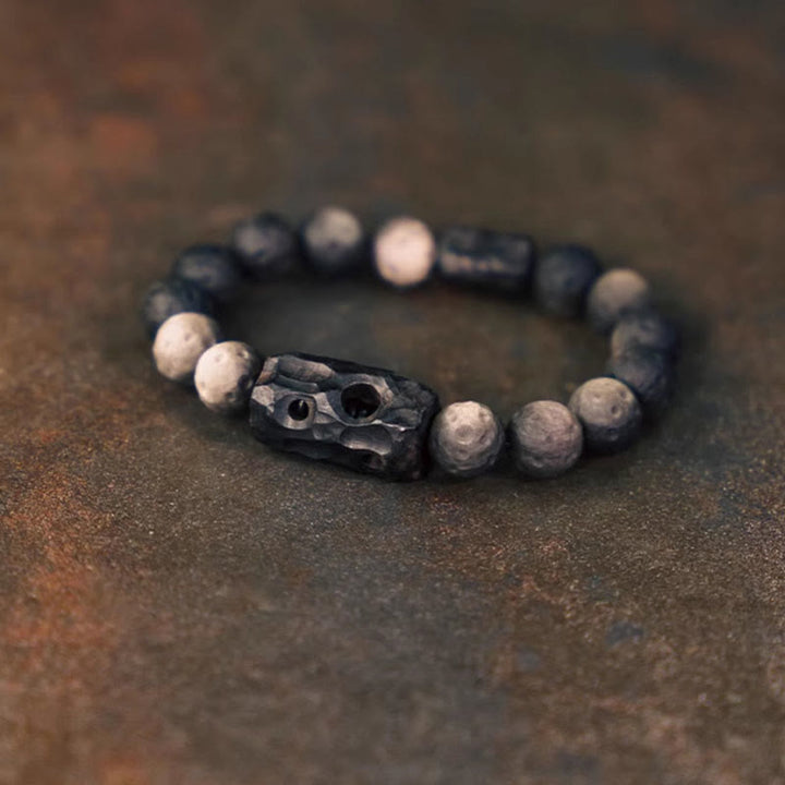 Buddha Stonesシルバーシーンオブシディアンエボニーウッドスージングブレスレット