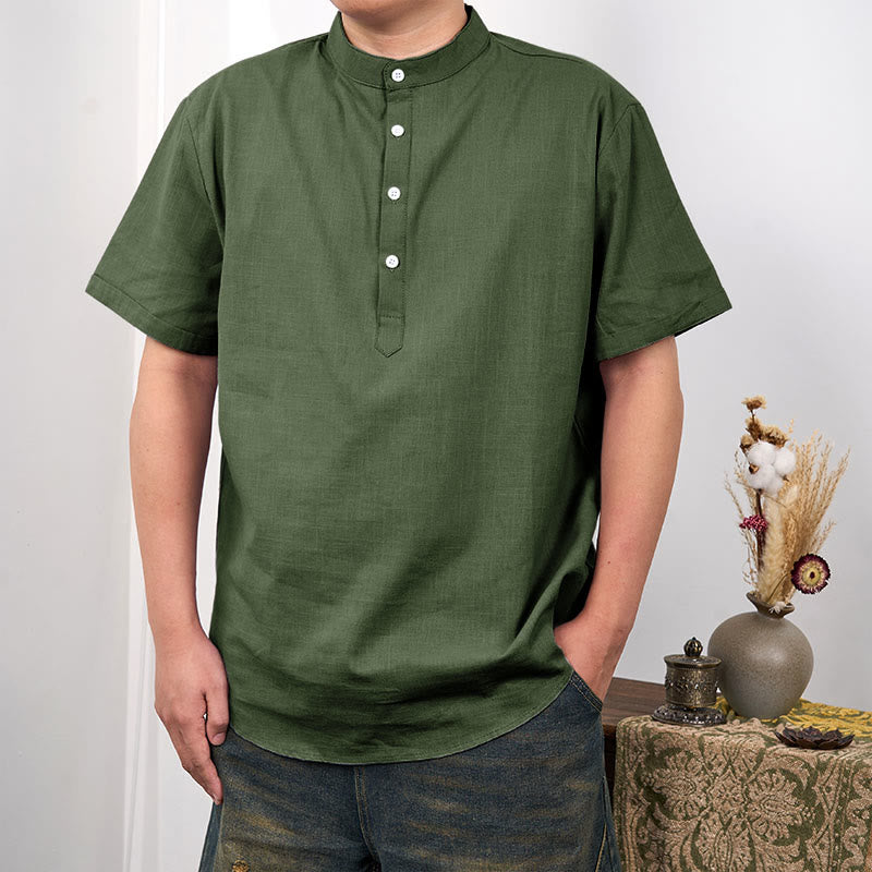Buddha Stonesメンズ 無地 半袖 ハーフボタン コットンリネン シャツ - オリーブドラブ - US/UK/AU44、 EU54 (3XL) - image 10