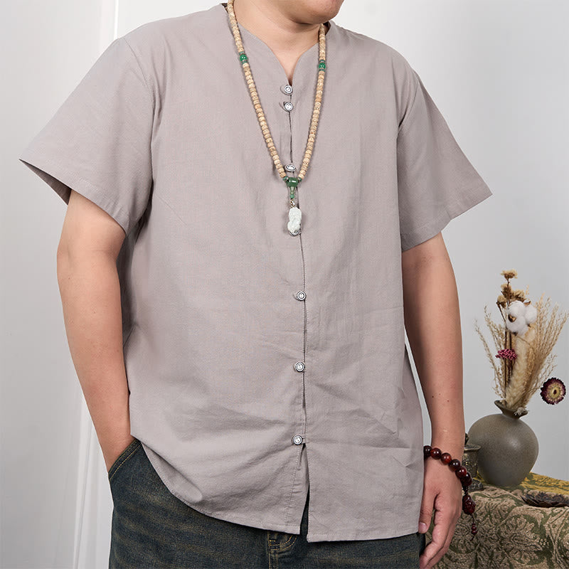Buddha Stonesメンズ 半袖 ボタンダウン コットンリネンシャツ