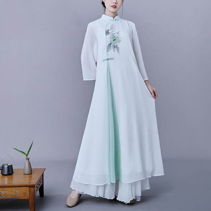Buddha Stones 2点セット 花柄 七分袖 ミディ丈 ワンピース スカート シフォン 禅服 レディース セット