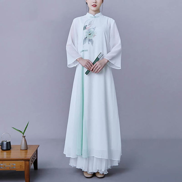 Buddha Stones 2点セット 花柄 七分袖 ミディ丈 ワンピース スカート シフォン 禅服 レディース セット - image 3
