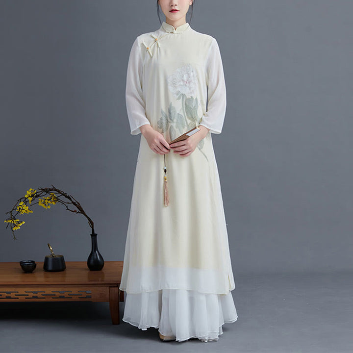 Buddha Stones2点セット 牡丹の花 チャイナドレス ミディ丈 スカート シフォン 禅服 レディース セット - image 1