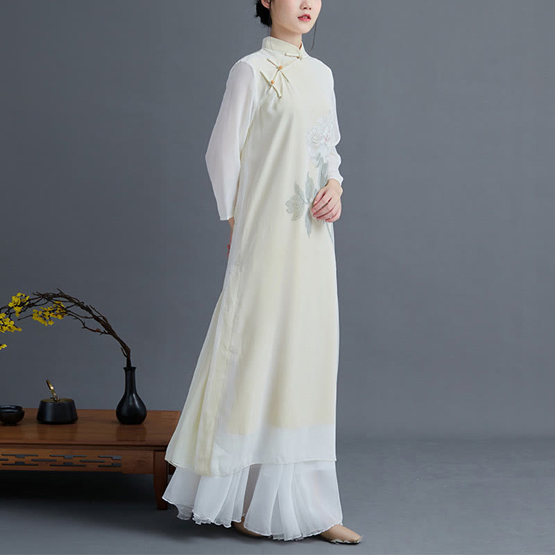 Buddha Stones2点セット 牡丹の花 チャイナドレス ミディ丈 スカート シフォン 禅服 レディース セット - image 3