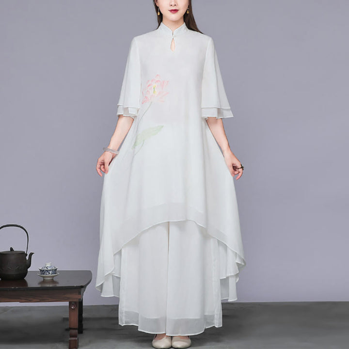 Buddha Stones 2点セット 蓮の花 チャイナドレス ミディ丈 ワイドレッグパンツ シフォン 禅風 レディース セット
