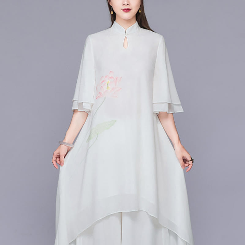 Buddha Stones 2点セット 蓮の花 チャイナドレス ミディ丈 ワイドレッグパンツ シフォン 禅風 レディース セット - ドレス（ドレスのみ） - US12、 UK/AU16、 EU44 (2XL)  - image 5