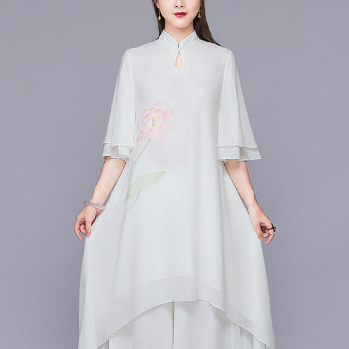 Buddha Stones 2点セット 蓮の花 チャイナドレス ミディ丈 ワイドレッグパンツ シフォン 禅風 レディース セット - ドレス（ドレスのみ） - US12、 UK/AU16、 EU44 (2XL)  - image 5