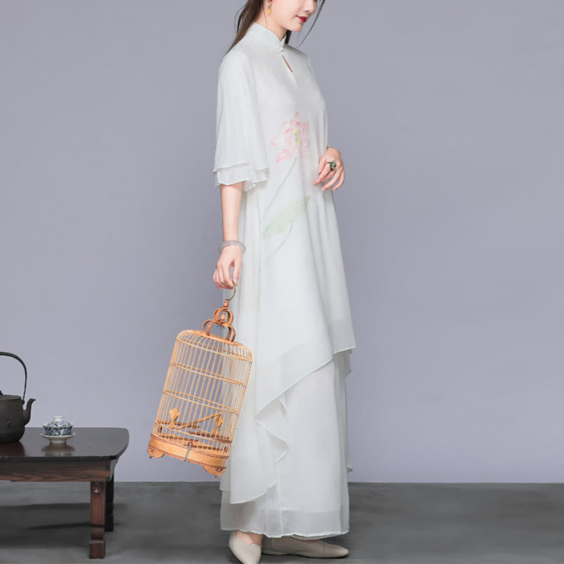 Buddha Stones 2点セット 蓮の花 チャイナドレス ミディ丈 ワイドレッグパンツ シフォン 禅風 レディース セット