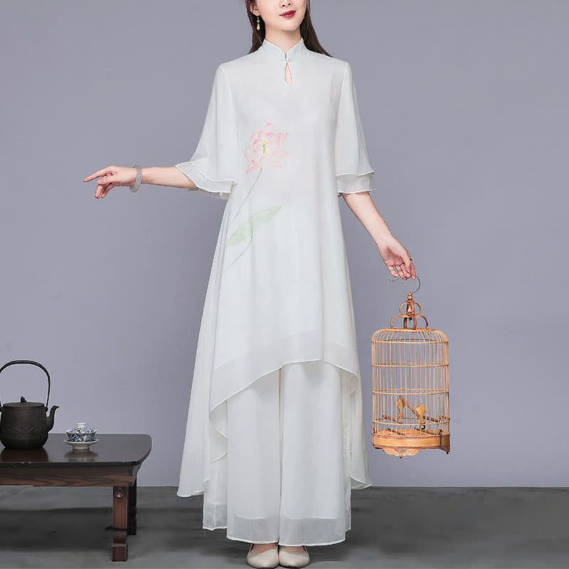Buddha Stones 2点セット 蓮の花 チャイナドレス ミディ丈 ワイドレッグパンツ シフォン 禅風 レディース セット